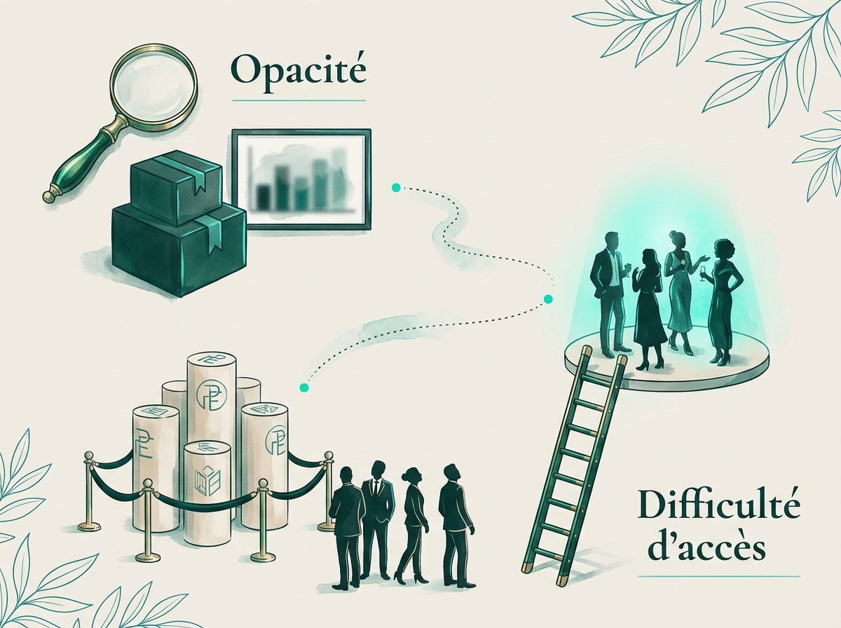 Illustration éditoriale : marché private equity opaque et fragmenté, calques de données financières voilés laissant émerger quelques points lumineux